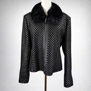St John Leather Jacket Removable Rabbit Fur Collar Woven Checkerboard Black SZ L